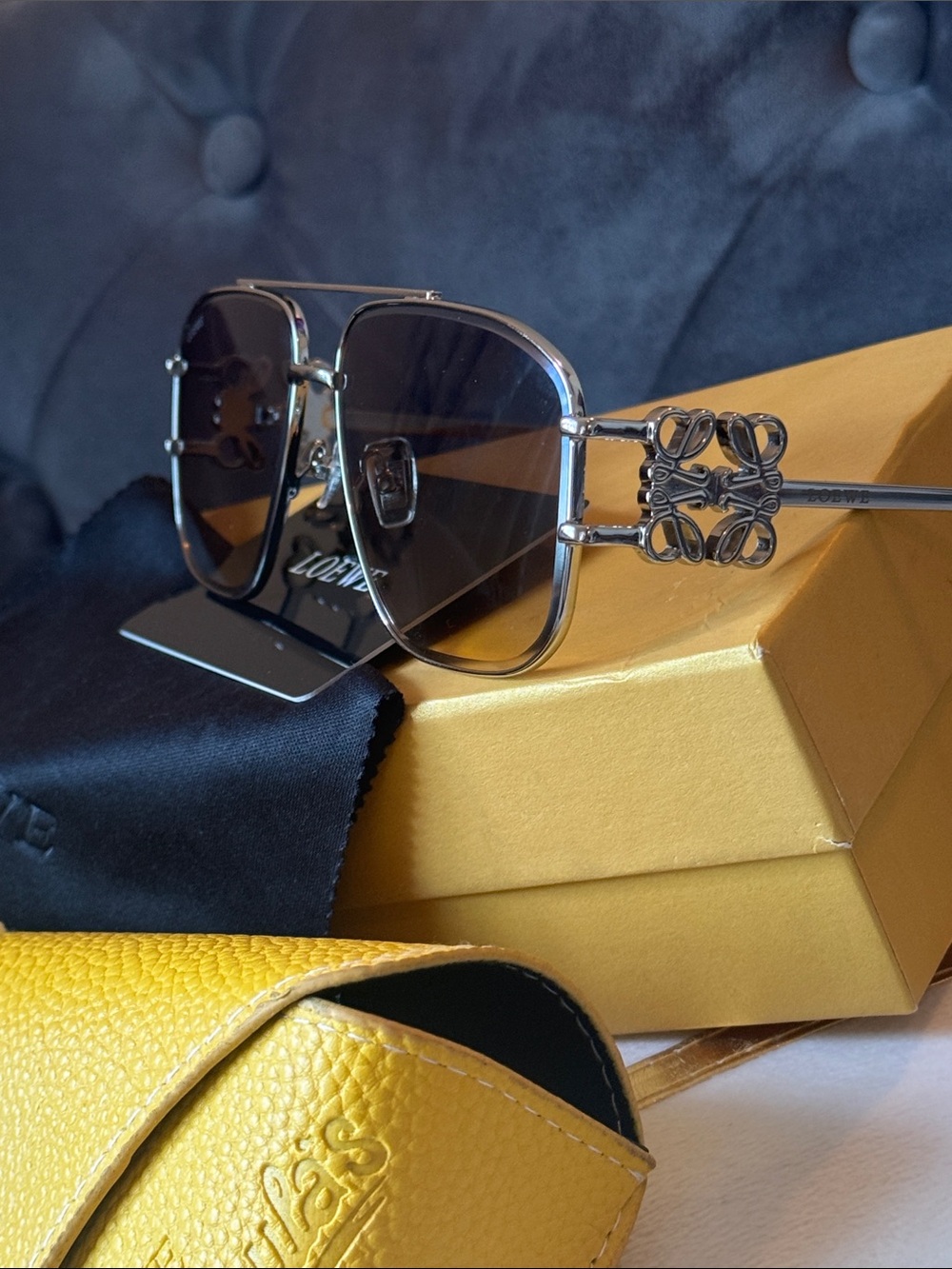 Loewe Yellow Leather Sunglasses Case with Silver Frame Gradient Lenses